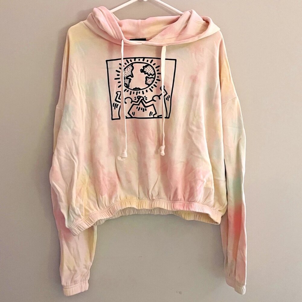 Keith Haring Cropped Tie Dye Graphic Art Hoodie (Size 2XL)